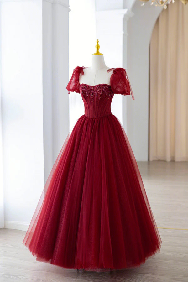 Wholesale Burgundy Tulle Beaded Long Prom Dress A-Line Short Sleeve Evening Dress